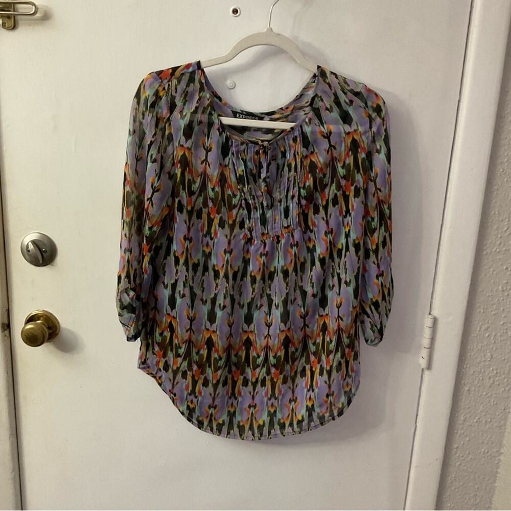Express Sheer Printed 3/4 Sleeve Blouse with Front Tie S Dopamine Casual Artcore